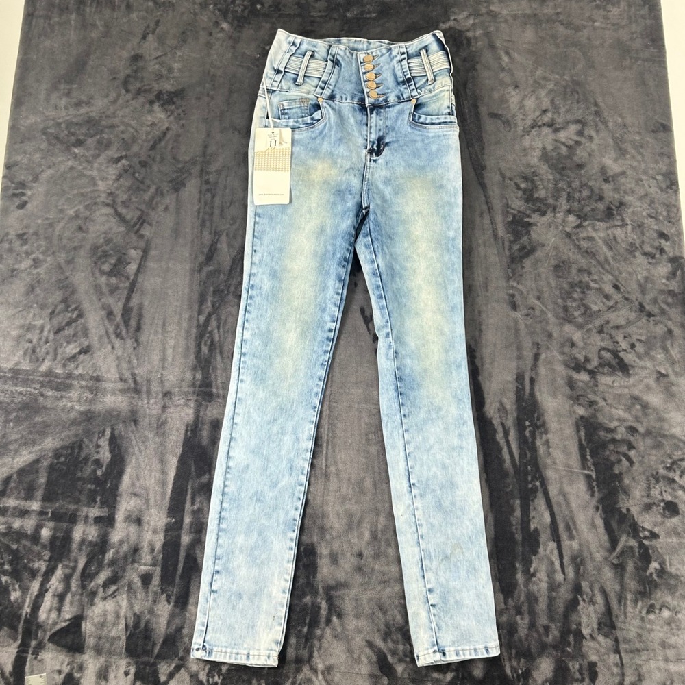 NWT Mitzi Michel Skinny Jeans Womens Size 11 Light Blue High Waist Multi Button